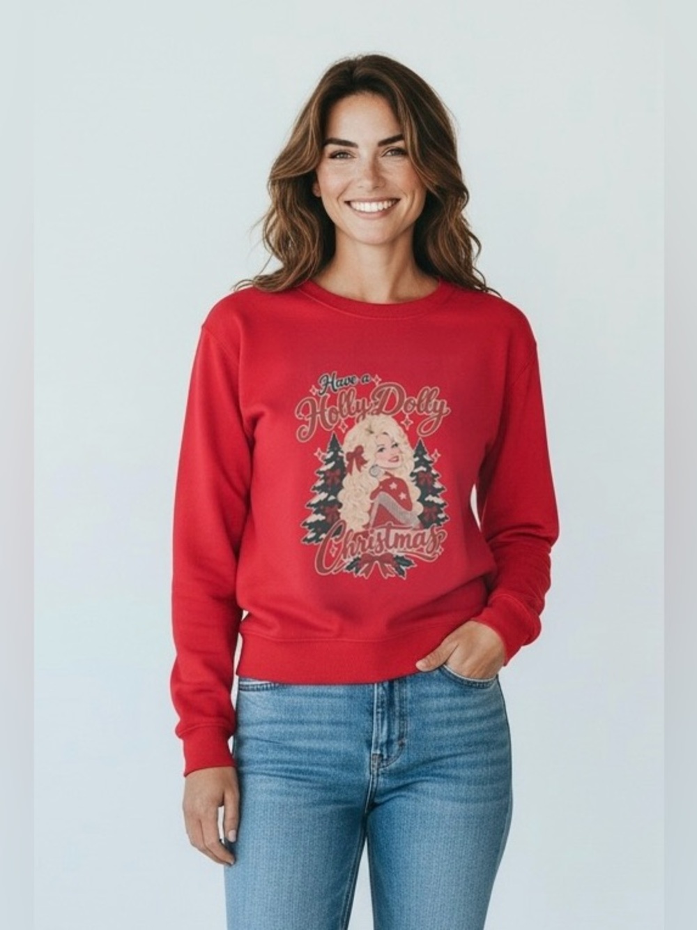 Women's Red Graphic Crewneck Sweatshirt - Holly Dolly Holiday NWOT